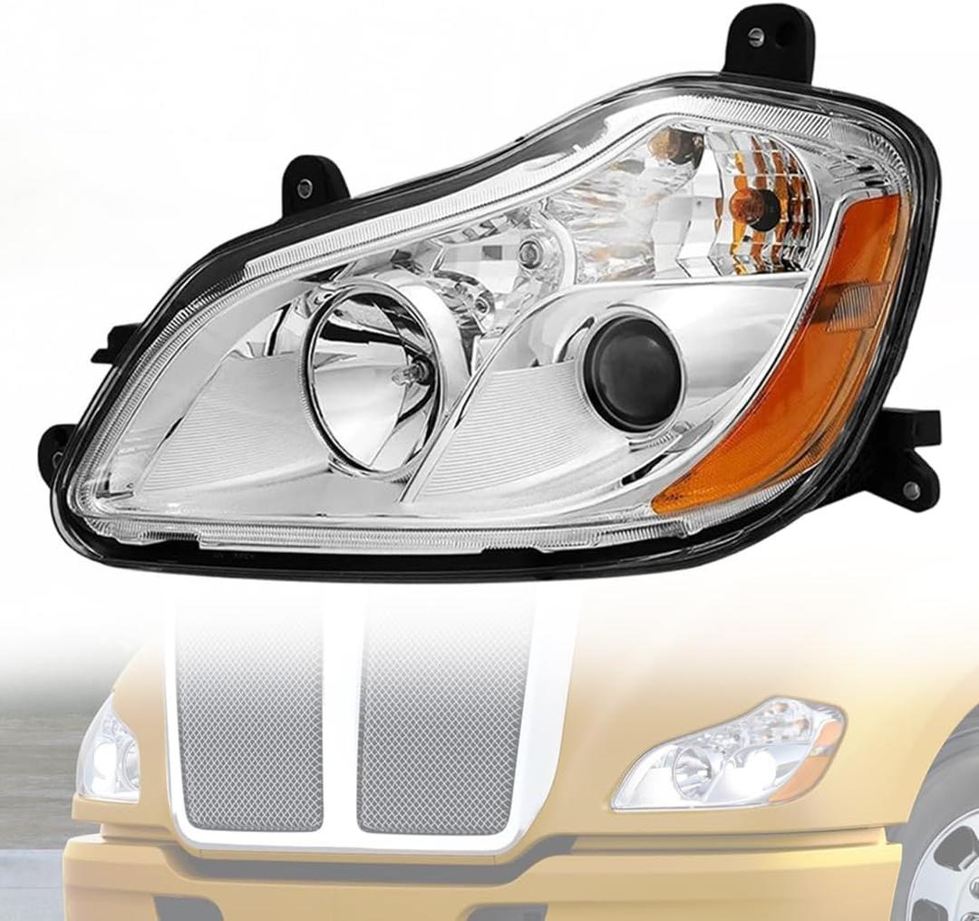 Driver Left Side Headlight Assembly with Chrome Trim & Projector Low Beam FIT Kenworth T680 2013–2021 – Halogen High Low Beam – Direct Replacement – Replace OE# P54-6103-11000
