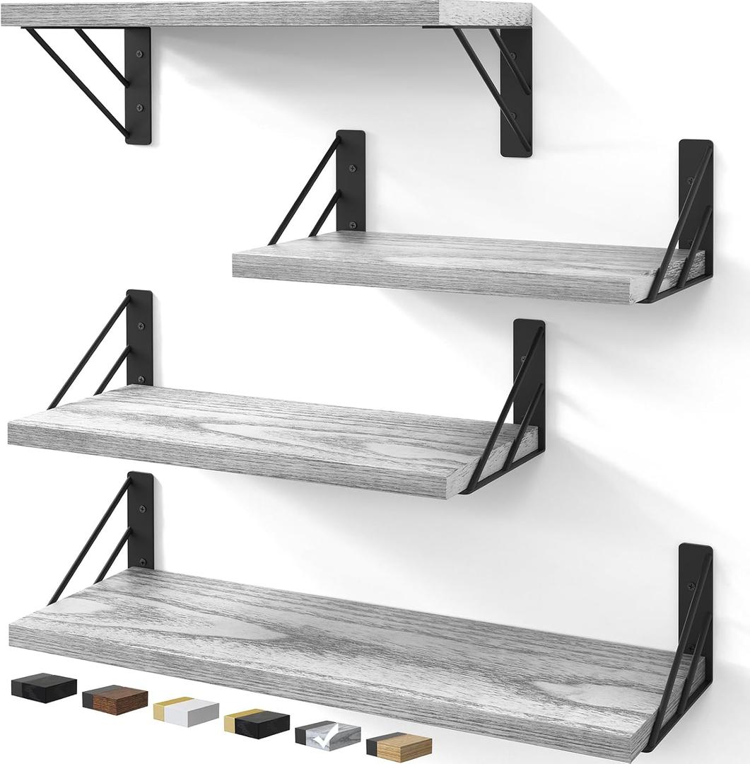 BAYKA Wall Shelves for Bedroom Decor, Floating Wall Shelves for Living Room Kitchen Storage, Wall Mounted Rustic Wood Floating Shelves for Kids Books, Corner Shelf for Bathroom(Gray WhiteSet of 4)