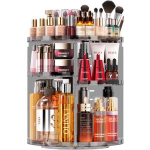 Rotating Makeup Organizer, DIY 9 Adjustable Layers Spinning Skincare Organizer, Bathroom Organizer with Brush Holder Perfume Tray, Multi-Function Storage Carousel for Vanity Bathroom Countertop