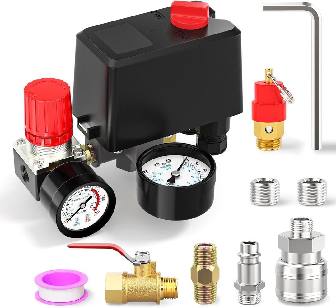 4 Way Air Compressor Pressure Switch Control Valve Kit 120-150 PSI, 110V-240V, With 0-200 Pressure gauge, Air Compressor Regulator and Safety Pressure Relief Valve