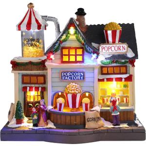 Chonsun Christmas Village 8.7 Inch Popcorn Shop with LED Lights Resin Village Houses Holiday Music with USB/3AA Batteries Rendering Atmosphere Christmas Decorations