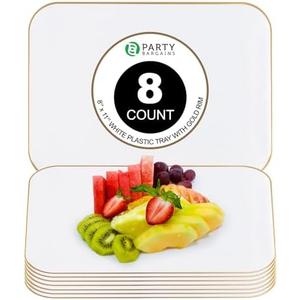 Party Bargains Plastic Serving Tray - 8 Pack, 8" x 11” Rectangular Organic Collection White Serving Platter with Gold Rim, Disposable Food Tray for Snacks, Appetizers, Charcuterie, Weddings, Buffets