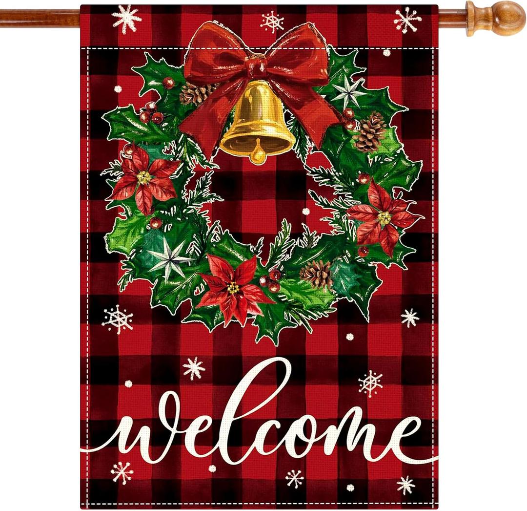 OTOSTAR Welcome Nativity Wreath Garden Flag 28x40 Inch Double Sided Red and Black Buffalo Plaid Winter Holiday Yard Outdoor Decorative Christmas Garden Flag