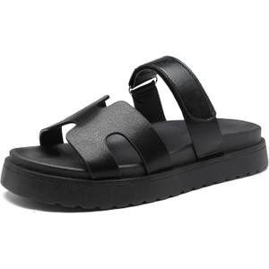 Women's Thick Platform Slide Sandals anti-slip Sole Open Toe Strap Summer Flats Shoes (Black) 39
