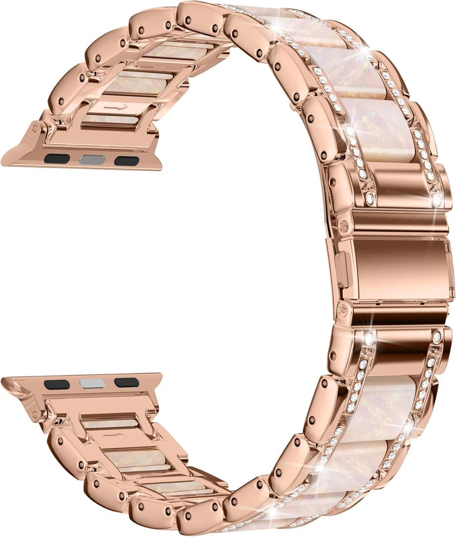 Moolia Metal Band Compatible with Apple Watch Band 38/40/41/42mm Women Rhinestones Resin Wristband Bling Diamond Bracelet for iWatch Series 11 10 9 8 7 6 5 4 3 2 1, Rose Gold/Pearl