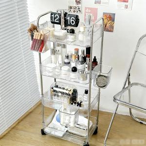Tier Rolling Cart with Hanging Basket, Easy Assembly Acrylic Storage Carts with Lockable Wheels, Utility Cart Storage Organizer Serving for Office, Living Room, Kitchen, Bathroom (4-Tier with Box)
