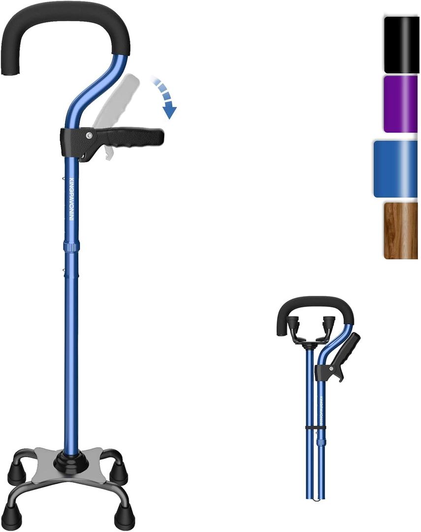 KingPavonini Canes for Women/Men with Second Handle, Foldable & Adjustable Walking Cane with 4-Pronged Base, Quad Cane for Stability, Standing, Balance, Leg Surgery Recovery (blue)