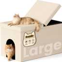 3-in-1 Cat Litter Box Enclosure with Odor Control, Multi-Functional Hidden Litter Box Furniture Bench, Dog Proof, Space-Saving Ottoman Cabinet with Flip-Up Lid, Storage Footrest, Beige