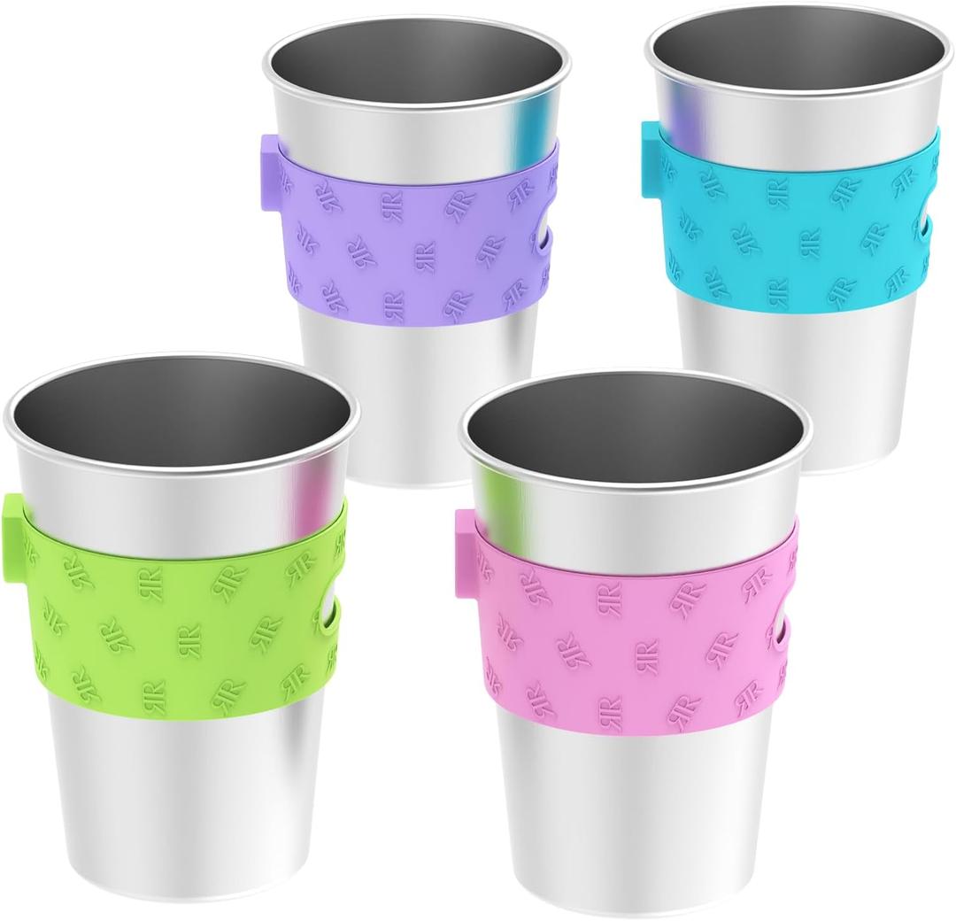 Rich&Ray 12 oz Magnetic Hanging Cups, Reusable Stainless Steel Drinking Cup Hanging on Fridge with Silicone Holder for Water Coolers, 4 Pack