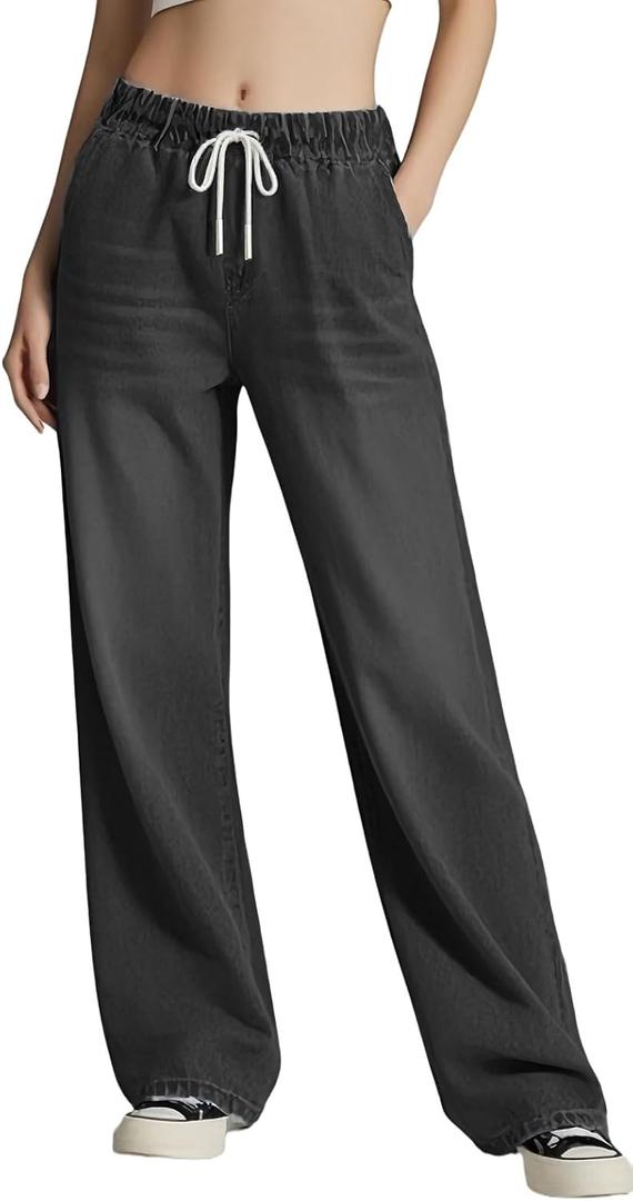 Women's Drawstring Wide Leg Jeans High Elastic Waisted Stretch Frayed Loose Fit Trouser Jeans Denim Pants (Large, 2876black) Women's Drawstring Wide Leg Jeans High Elastic Waisted Stretch Frayed Loose Fit Trouser Jeans Denim Pants (Large, 2876black)