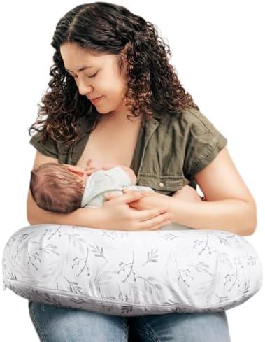 Boppy Nursing Pillow - Ergonomic Bottle & Breastfeeding Pillow with High, Firm, Large Area, Water-Repellent Cushion with Washable Cover; Baby Safety Alliance Verified - Gray Gentle Leaves