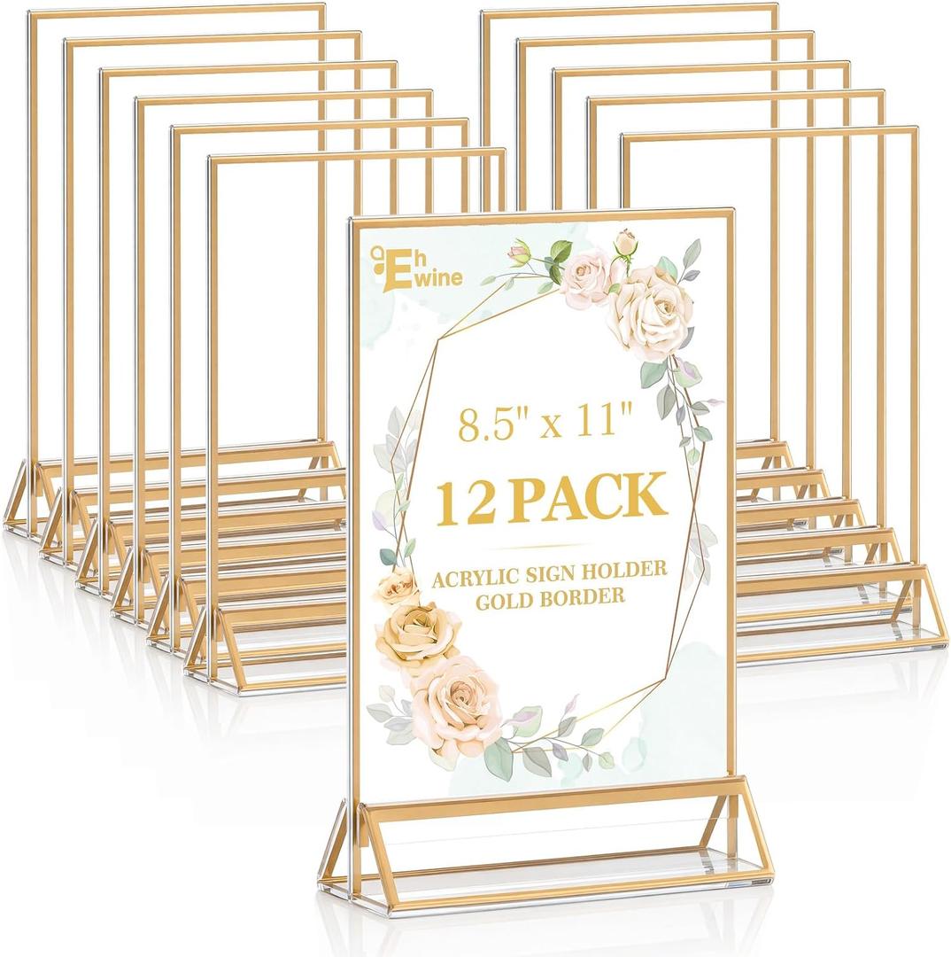 EHWINE 12 Pack Acrylic Sign Holder 8.5 x 11, Double Sided Gold Picture Frame Stand up Table Top Sign Holders, Clear Display Stand Menu Flyer Holder for Wedding Party (Provide Non-slip Mats)