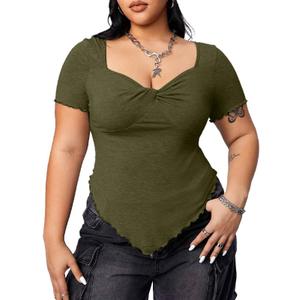 JULYCLO Plus Size Shirt for Women Sweetheart Neck Short Sleeve Shirt Slim Fit Tee Top Sexy Twist Front Top Streetwear (Green)