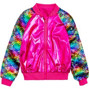 Girls Flip Sequin Jackets Kids Rainbow Sparkle Outwear Toddler Boys Glitter Sleeve Shiny Metallic Coat Birthday (Pink, XXXL)