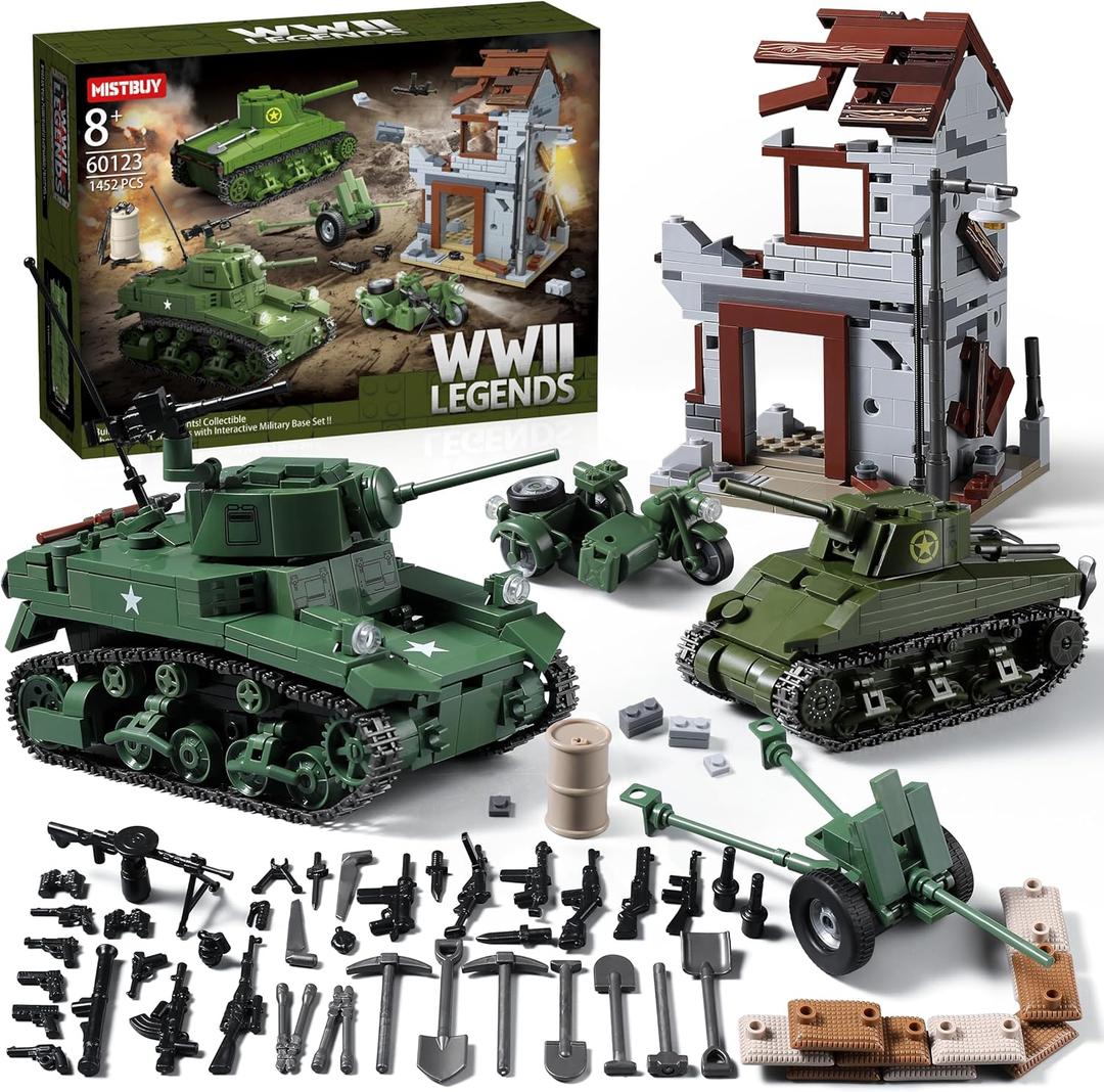WW2 Army Tank Toys Building Sets Compatible with Lego (1452 Pieces), Includes US Sherman & Stuart Tanks, War-Torn Building, Many Military Weapons & More, Gift Ideals for Military Fans, Kids & Adults