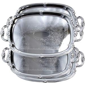 (Pack of 4) 21-Inch x 13.5-Inch Elegant Victoria Floral Engraved with Handle Serving Tray Silver Metal Plate Platter Food Decorative Buffet Wedding Party T166-4PK
