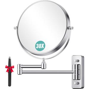 Auxmir 1X/30X Wall Mounted Makeup Mirror, 8'' Double Sided Magnifying Mirror with Tweezers, Bathroom Makeup Mirror, Cosmetic Vanity Mirror with 360 Rotation Extendable Swivel Arm, Chrome