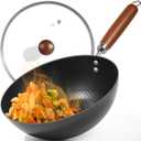 10.5-Inch Carbon Steel Wok, Stay-Cool Wooden Handle Stir-Fry Pan for 23 Servings, Authentic Chinese Cooking For All Stovetops, Non Toxic, Oven-Safe, 2-Piece Set