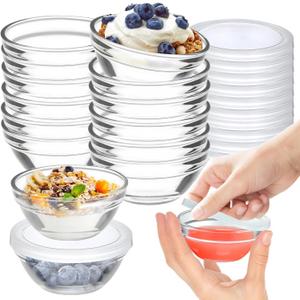 12 Pack Mini 3 Inch Small Glass Bowls with 12 Pack Lids, 2.5 oz Clear Glass Pinch Bowls, Condiment Containers, for Dips, spices, jams, Meal Prep Bowls