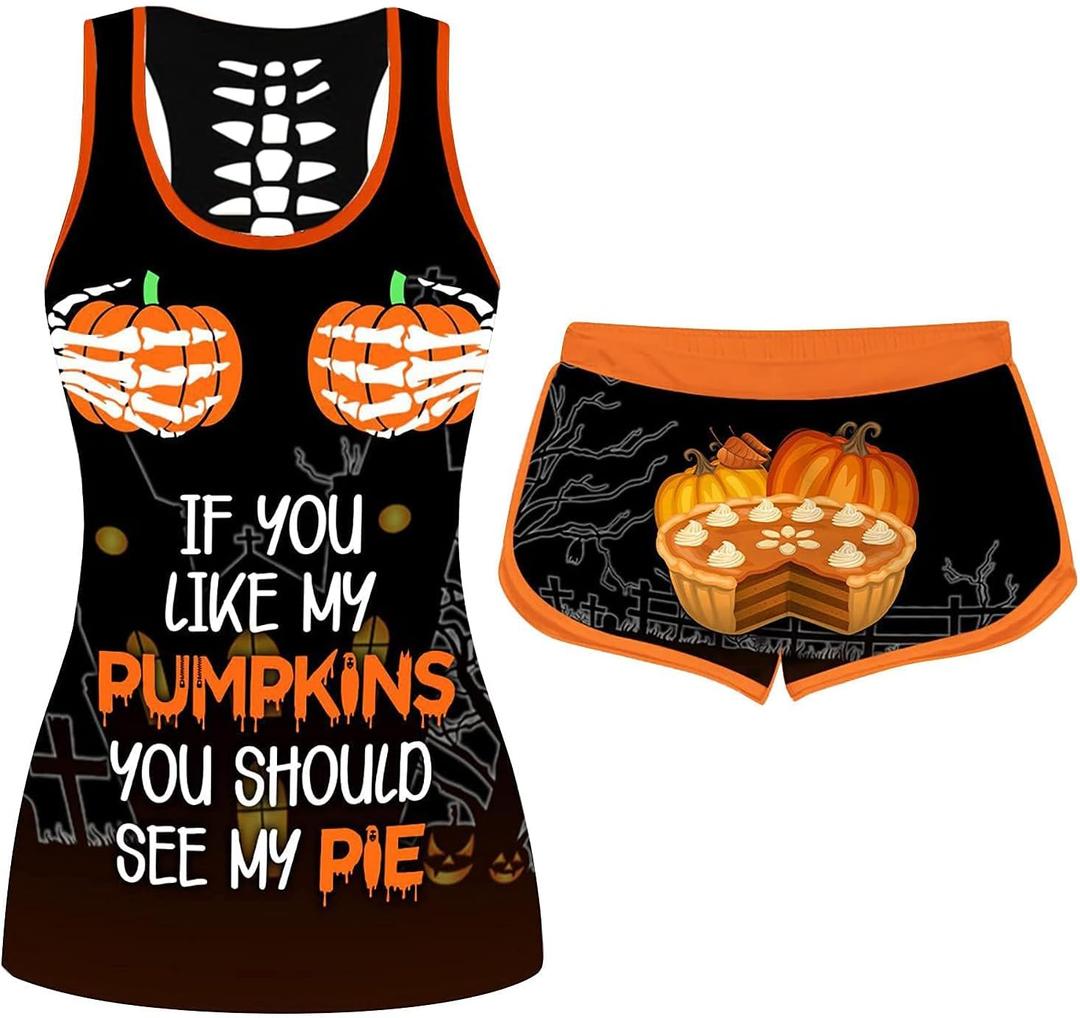 Women's Halloween Sleeveless Tank Top Set If You Like My Pumpkin Printing Drawstring Shorts Stretch Bottoms Suits (Orange-1)