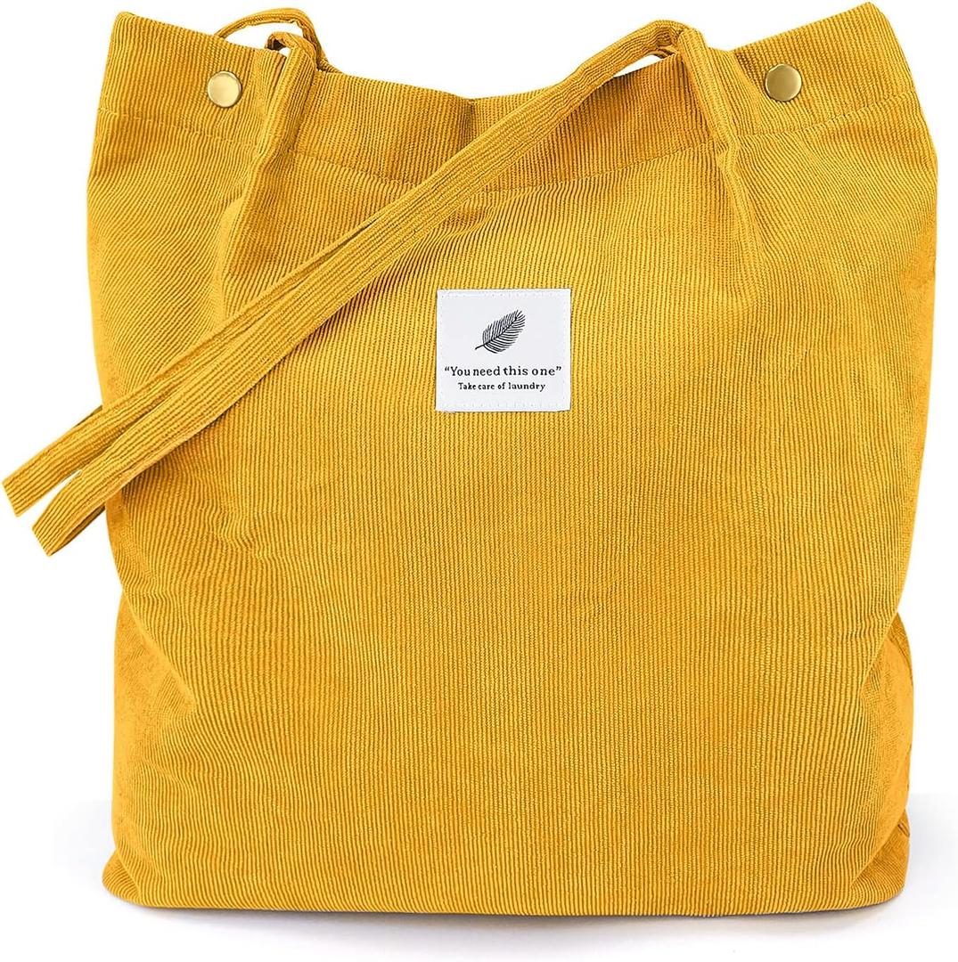 Corduroy Tote Bags for Women, Large Capacity Tote Purse Reusable Grocery Shoulder Bag with Inner Pockets (Yellow)
