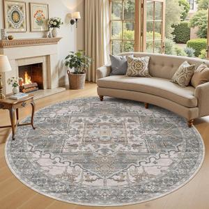 8ft Round Rug for Living Room: 8x8 Washable Vintage Gray Brown Area Rug, Large Non Slip Soft Stain Resistant Indoor Floor Carpet for Bedroom Dining Decor Home Office Kid & Pet Friendly