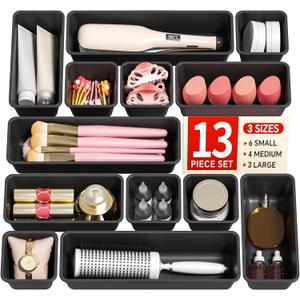 Canfanni 13 Pack Plastic Drawer Organizers Set, 3 Sizes Desk Drawer Organizer Trays for Vanity and Makeup Organizer, Organization and Storage for Makeup, Kitchen Utensils, Bathroom and Office(Black)