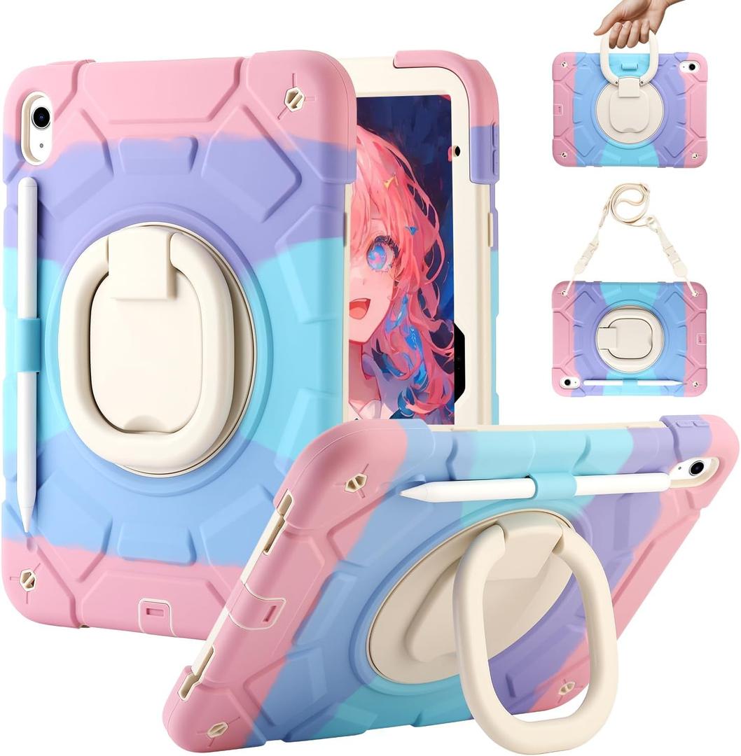 for iPad (A16) 11th Generation case 11''(2025)/10th Generation case 10.9''(2022),360Rotatable Stand with [Pencil Holder&Shoulder Strap] Heavy Duty Shockproof Silicone Case (Colorful Pink)