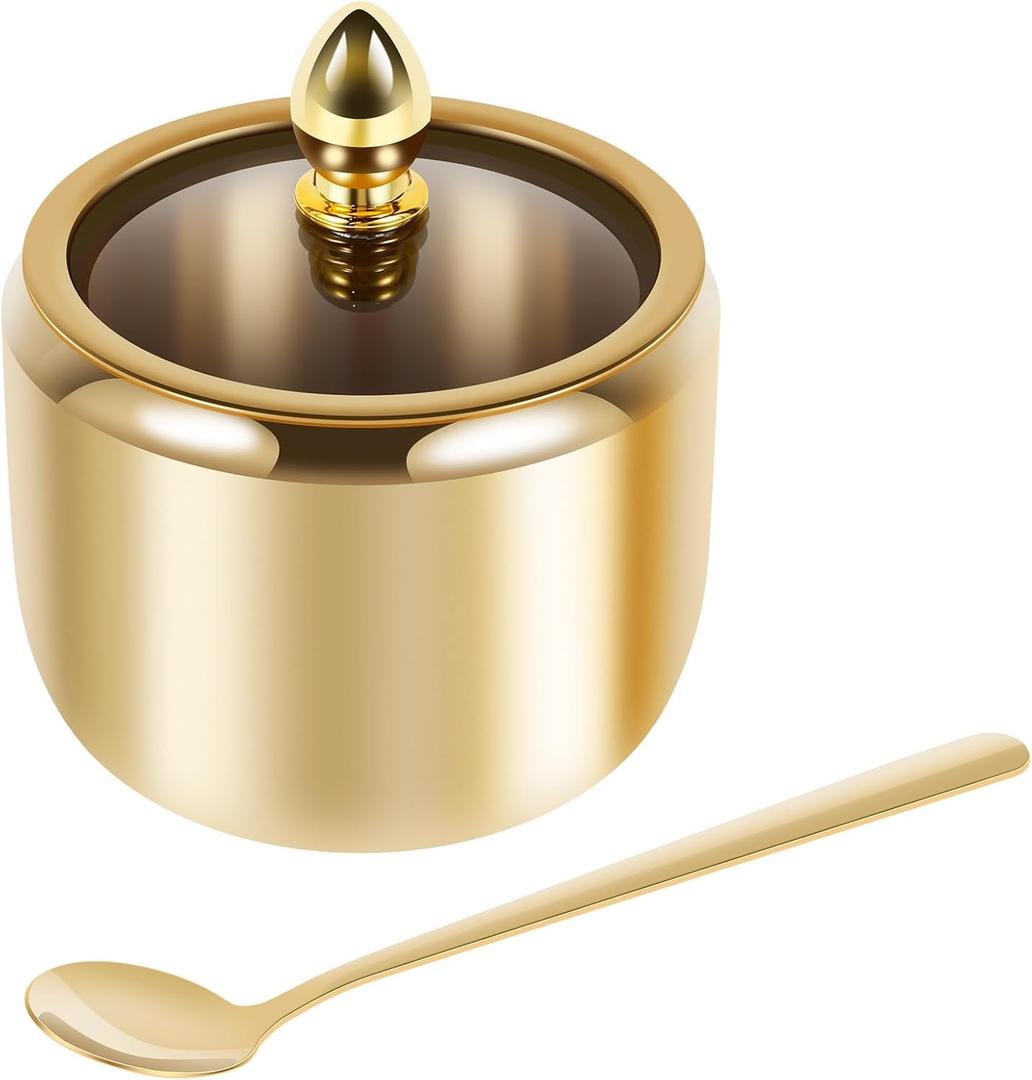 Stainless Steel Sugar Container with Clear Glass Lid and Spoon Gold Sugar Bowl 10oz Sugar Jar Dishwasher Safe Seasoning Box Multifunctional Condiment Pot for Salt Candy Coffee Bean, 4 pcs