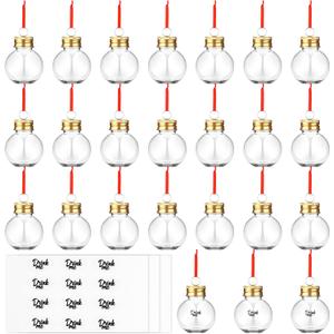 24 Pieces Christmas Booze Balls with Red Ribbon Christmas Fillable Booze Tree Ornaments Clear Plastic Round Ornaments Pendant Ball with Stickers for Holiday Wedding Party Decor (Gold)