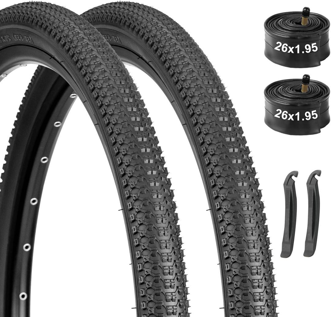 2-Pack Mountain Bike Tires & Tubes Set: 20/24/26-Inch Puncture-Protection MTB Tires with Heavy-Duty Butyl Inner Tubes & Tire Levers for Off-Road Cycling