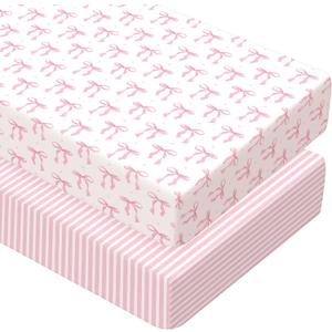 Peryiter 2 Pack Crib Sheets for Girls Boys Coquette Bed Sheet Set Fitted 52'' x 28" for Standard Crib Mattress Stretchable Soft Toddler Aesthetic Nursery Decor(Bow,Pink)