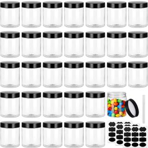 8OZ 32PCS Plastic Jars with Lids Empty Slime Cosmetics Containers Clear Gift Round PET Cream Jars with Black Lids Pen Labels for Kitchen Storage Spices Dry Food Body Butter Slime Making