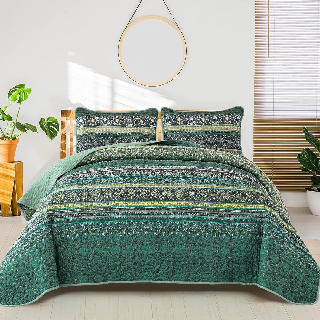 WONGS BEDDING Boho Quilt King Size, Green Bohemian King Quilt, Lightweight Microfiber Bed Decor Bedspread for All Season 103"x90"(3 Pieces)