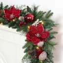SHareconn 9FT Prelit Christmas Garland with Multi-Color LED Lights, Battery-Operated Timer, Includes Flower Ball & Poinsettia for Mantle Fireplace Indoor Outdoor Xmas Decor, Red Champagne Gold, 9 FT