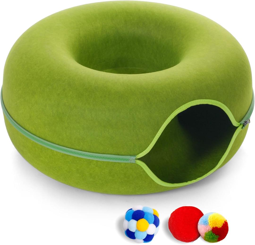 Large Cat Tunnel Bed for Indoor Cats with 3 Toys, Scratch Resistant Donut Cat Bed, Up to 30 Lbs (L 24x24x11, Green) Large Cat Tunnel Bed for Indoor Cats with 3 Toys, Scratch Resistant Donut Cat Bed, Up to 30 Lbs (L 24x24x11, Green)