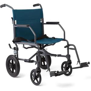 Medline Durable Folding Steel Transport Wheelchair with 12-Inch Wheels, 19-Inch Seat Width, Gray Frame, Microban, Teal Upholstery