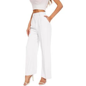 FUNYYZO Wide Leg Pants Women's High Elastic Waisted in The Back Business Work Trousers Long Straight Suit Pants (X-Small Short, 006# White (Thin))