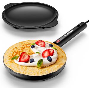 Electric Crepe Maker Machine, Homcozy Instant Crepe Maker with Handle, 8 Inch Non-Stick Coating Crepe Pan, Auto Temperature Control for Crepes, Pancakes, Bacon, Tortilla (Black)
