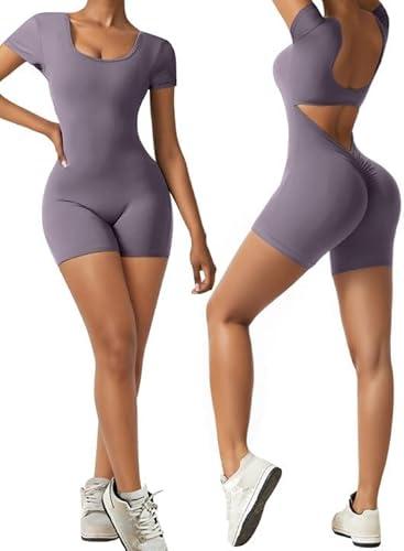 Short Sleeve Jumpsuit Workout for Women Square Neck One Piece Backless Tummy Control Bodycon Scrunch Butt Yoga Rompers, Size: XS