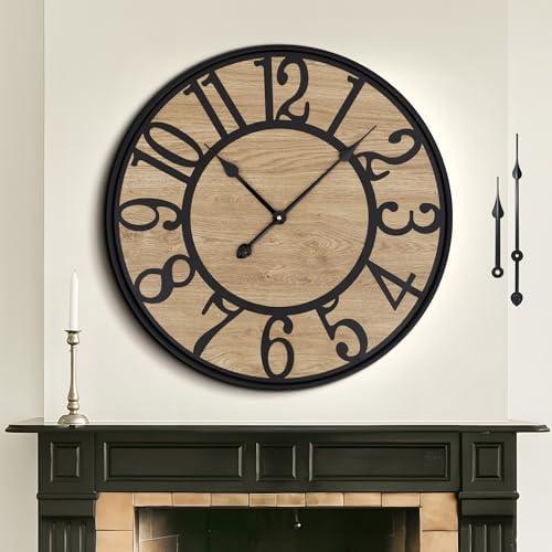 Mee 2ou Large Wall Clock for Living Room Decor, Non Ticking Silent, Battery Operated Modern Vintage Wood Wall Clock Oversized Decorative Wall Clock for Bedroom Kitchen Farmhouse Office Decor