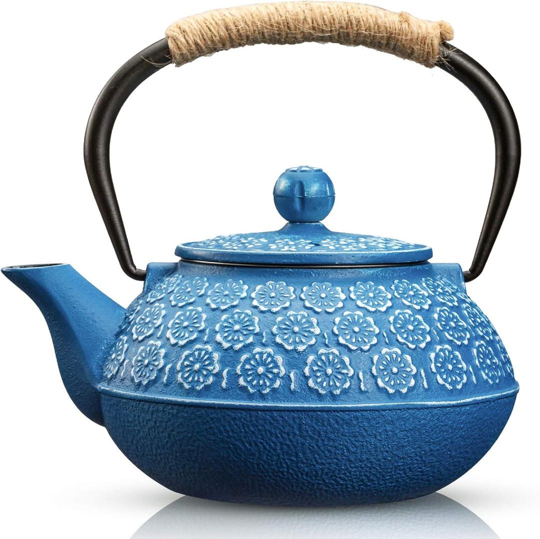 Sotya Cast Iron Teapot, 30oz/900ml Japanese Tetsubin Tea Pot with Infuser for Loose Leaf and Tea Bags, Tea Kettle Coated with Enameled Interior for Stove Top, Dark Blue