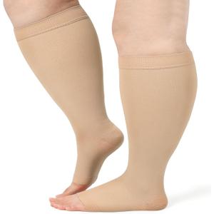 AKSO MEDICOS Plus Size Compression Socks  20-30 mmhg Wide Calf Open Toe Compression Support Stocking for Improve Circulation Varicose Veins Swelling Edema Open-toe Beige XXL