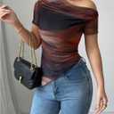 Women's Off The Shoulder Tie Dye Ombre Mesh T Shirt Short Sleeve Asymmetrical Ruched Crop Tops (Brown, S)