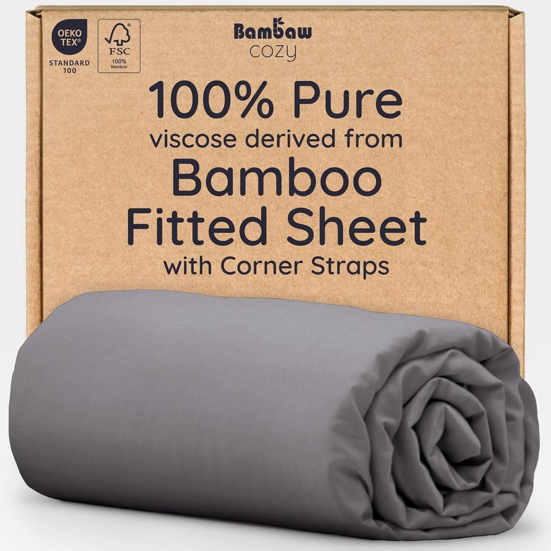 Bambaw 100% Viscose Derived from Bamboo Fitted Sheet Full Size, Cooling Fitted Sheets Only, Full Mattress Fitted Sheet Only, 15 Deep Gray Fitted Sheet Full, Soft Fitted Sheet with Straps (Dark Gray)