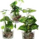 MyGift Set of 3 Fake Plants, Small Artificial Potted Plants Indoor in Clear Glass Pot, 9.5 Inch Faux Plant for Home Decor (Clear (Earth Tone Pebbles))