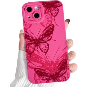 3 x NITITOP Compatible with iPhone 13 Case Cute Aesthetic Butterfly Pattern for Women Girls Soft TPU Shockproof Stylish Full Camera Protective Phone Cover - Rose Red