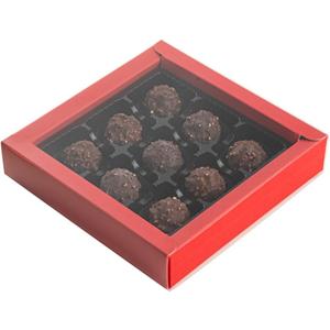 Restaurantware Sweet Vision 7.3 x 7.3 x 1.6 Inch Square Candy Boxes 10 Disposable Bakery Gift Boxes - 9 Compartments With Slidable Clear Lids Red Paper Boxes For Chocolate And Treats