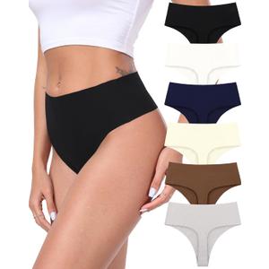 Cotton Thongs for Women High Waisted Seamless No Show Thong Stretchy Comfort Panties S-XL (Medium, Blackgray-6 Pack)