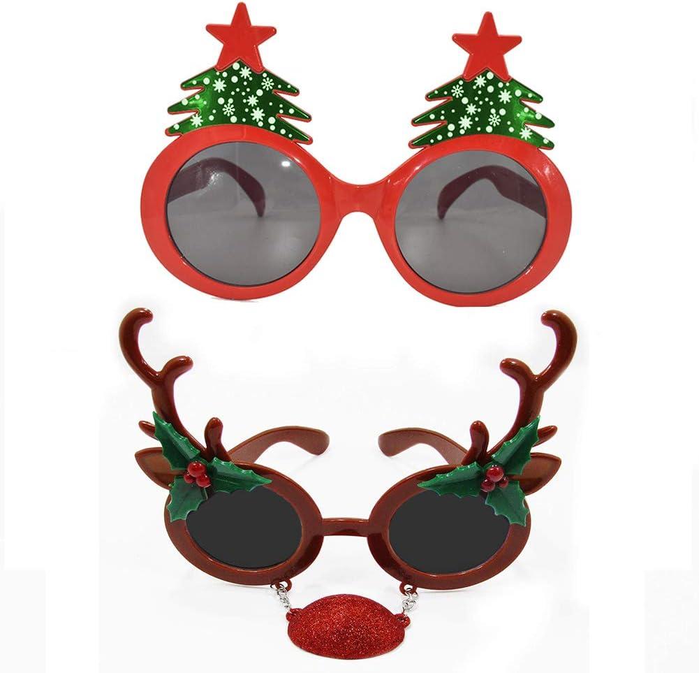 BOLZRA Christmas Sunglasses Props, 2 Pack Cartoon Reindeer Xmas Tree Eyeglasses Costume Glasses for New Year Party Favors Ornaments Gift